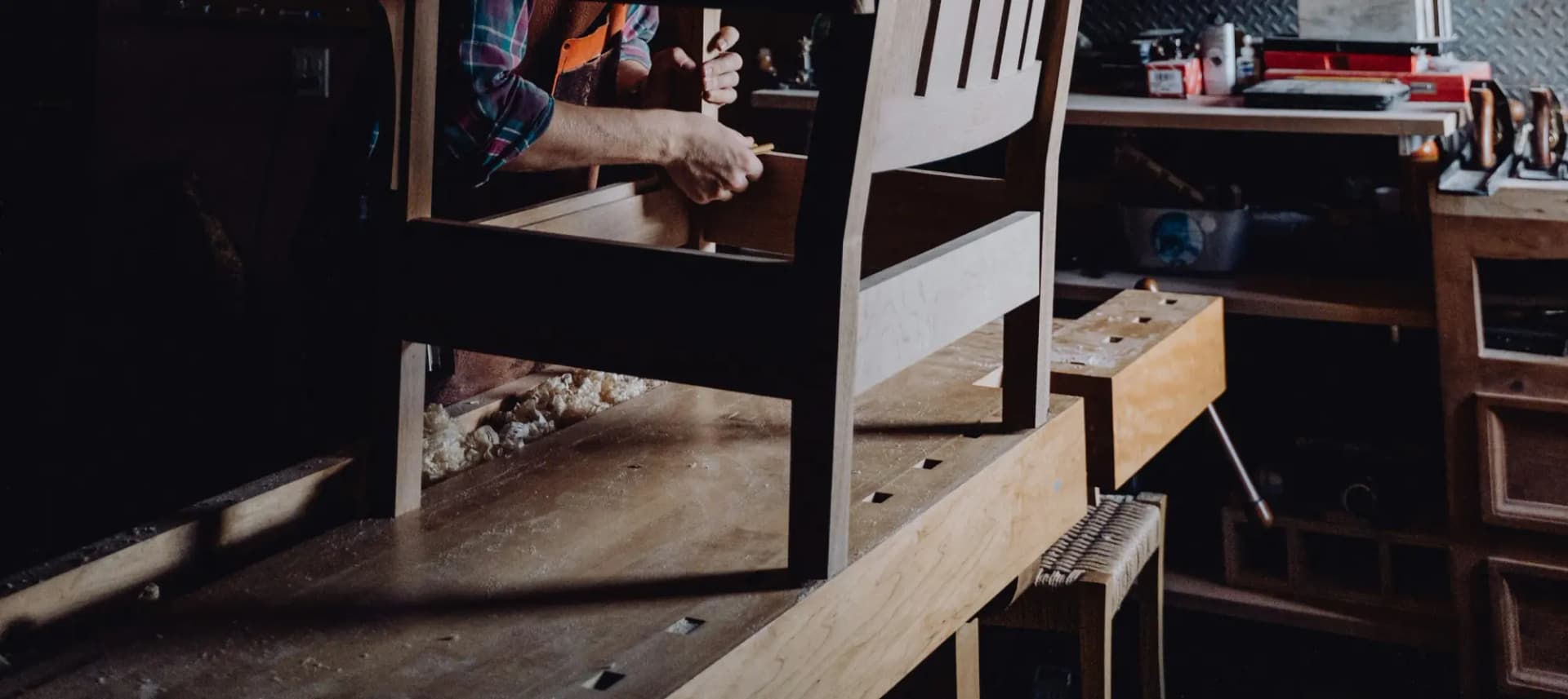 A joiner at work in the OMH Nepal furniture workshop at Lotse Mall, Machhapokhari, Kathmandu